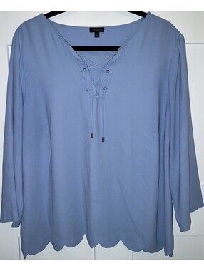 Talbots Top Women’s XL Blue Scalloped Hem Lace Up Blouse Ladies
